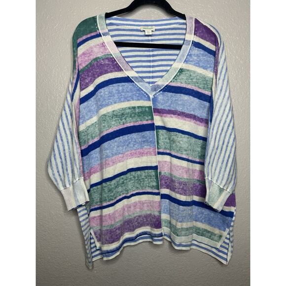 Sundance Johanna Lightweight Blue Striped V Neck Casual Sweater 100% Cotton XXL - Picture 2 of 8
